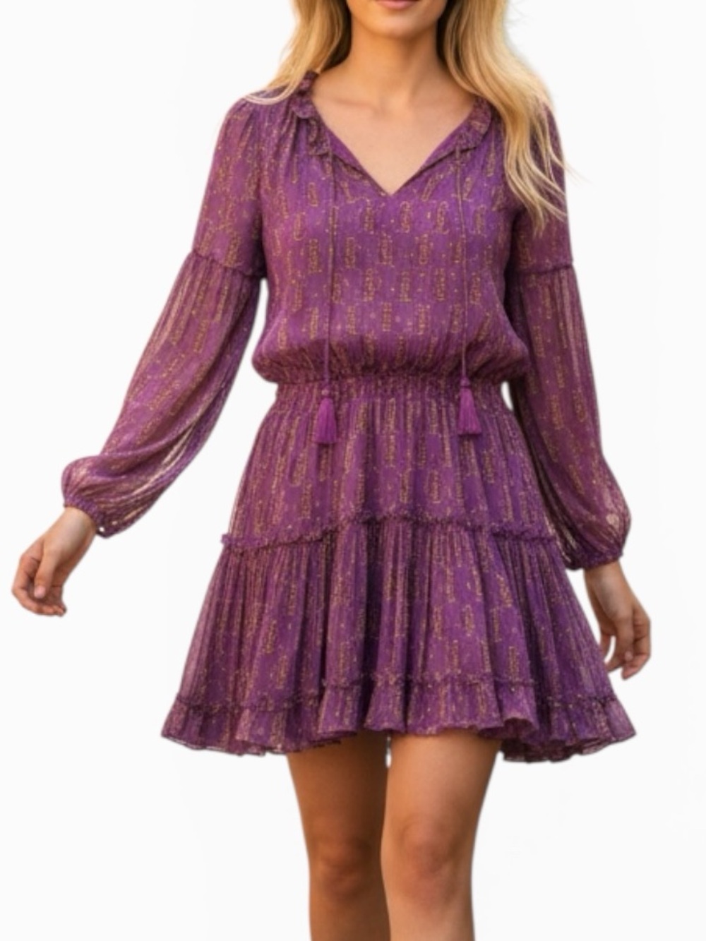 Oliphant Tiered Balloon Sleeve Ruffle Tiered Mini Short Dress Purple Women’s S